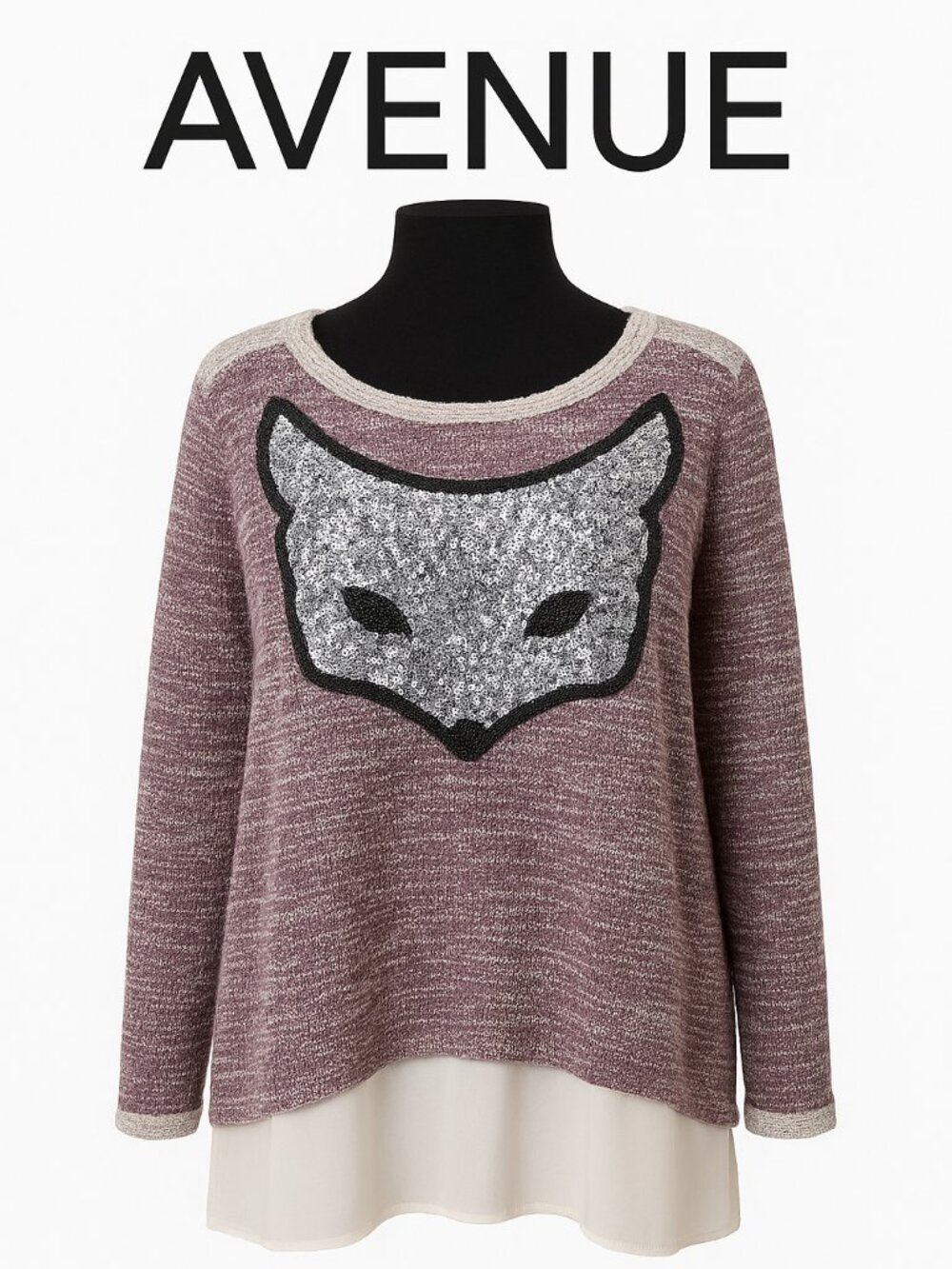 Avenue Fox Sweater Size 18/20 Women's Plus Burgundy Cream Matte Silver Sequins